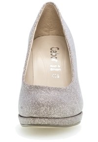 Gabor women's high heel shoes in metallic silver textile, rounded toe, smooth interior, subtle shimmer, cushioned insole, and low platform.