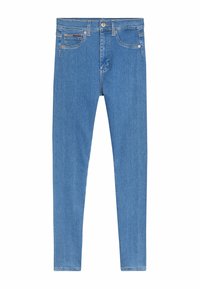 Vaqueros de mezclilla azul de corte ajustado, fabricados en algodón, con un diseño de cinco bolsillos y cierre frontal de botones con cremallera.