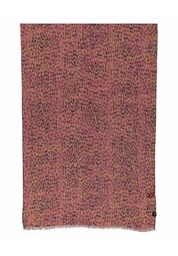 Tissu marron et rose avec de petites taches noires et roses irrégulières, comportant une frange le long du bord inférieur et une petite étiquette noire sur la droite.