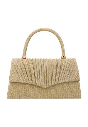 Glitrende guldbelagt clutchtaske med plisseret flap og matchende håndtag, designet til elegant aftenpåklædning.