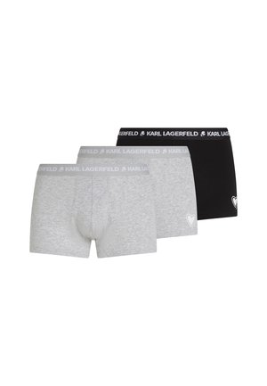 Three pairs of boxer briefs in grey and black. Grey pairs feature a heart logo; all have elastic waistbands with "KARL LAGERFELD" branding.