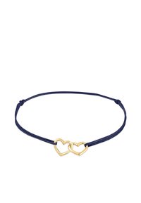 Marineblaue Schnurarmband mit zwei miteinander verwobenen goldenen Herzformen, glatte Oberfläche und minimalistisches Design.