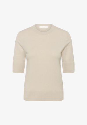 Beež lühikeste varrukatega kootud kampsun soonikkoes ümar kaeluse, mansettide ja äärega, valgel taustal.