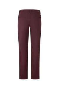 Pantalons ajustés bordeaux avec une coupe droite, dotés de deux poches arrière et d'une finition en tissu lisse et texturé.