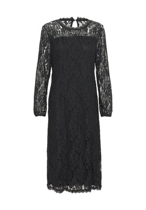 Schwarzes Spitzenkleid mit langen Ärmeln, gewelltem Ausschnitt und Schlüsselrücken-Detail. Floral gemustertes Spitzenmuster bedeckt den gesamten Stoff.