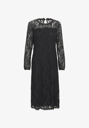 Schwarzes Spitzenkleid mit langen Ärmeln, gewelltem Ausschnitt und Schlüsselrücken-Detail. Floral gemustertes Spitzenmuster bedeckt den gesamten Stoff.