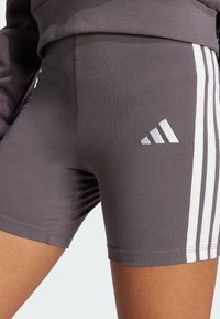 Pilkos sportinės šortai, pagaminti iš tampraus audinio; šone turi baltas juosteles ir nedidelį baltą logotipą arti apatinės dalies.