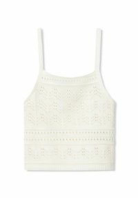 White knitted crop top with thin straps, featuring a textured pattern of openwork shapes and horizontal stripes at the hem.