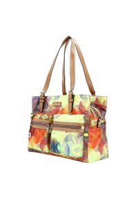 Mehrfarbige Tragetasche mit floralem Muster, ausgestattet mit zwei vorderen Reißverschlussfächern, braunen synthetischen Ledergriffen und goldfarbenen Hardware-Akzenten.