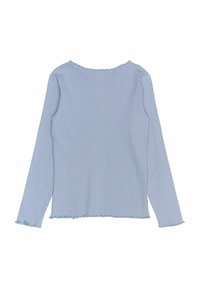 Długi rękaw, ribbed top w jasnoniebieskim kolorze z okrągłym dekoltem i poszarpanym dołem. Gładka tekstura i dopasowany krój z minimalnymi detalami.