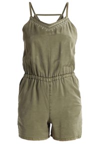 Olivově zelený overal s nastavovacími ramínky, elastickým pasem a zdobenou květinovou výšivkou kolem výstřihu. Hladký povrch látky.