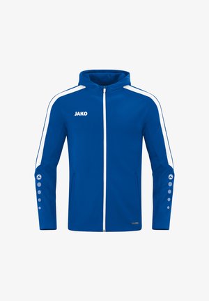 Blue athletic jacket with a full zipper, white accents, and logo. Features a hood, side pockets, and button details on sleeves.