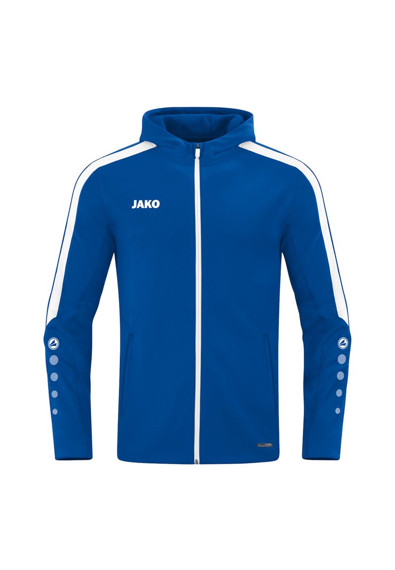 Blaue Sportjacke mit vollem Reißverschluss, weißen Akzenten und Logo. Verfügt über eine Kapuze, Seitentaschen und Druckknopfdetails an den Ärmeln.