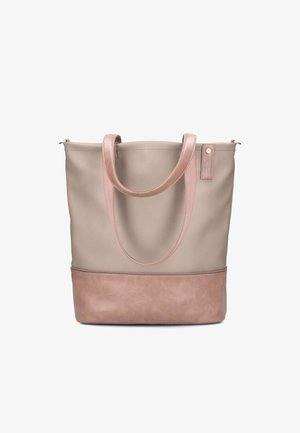 Hellgraue Tragetasche mit rosa Akzenten, aus glattem Leder, mit zwei Griffen und einem kontrastierenden rosa Bodenbereich.