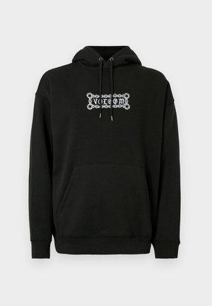 Sudadera negra con bolsillo frontal, capucha ajustable con cordón y diseño gráfico en texto blanco. Hecha de una tela suave y texturada.