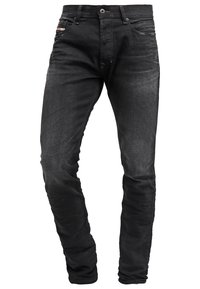 Slim-fit black denim jeans with slight fading and whiskering, featuring front pockets, belt loops, and button closure.