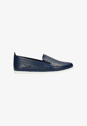 Marineblaue Slipper aus perforiertem Leder, mit einer weißen Sohle und einer eleganten, runden Form für Atmungsaktivität und Komfort.