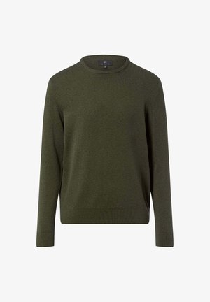 Olivgrüner Pullover aus weichem Strickmaterial. Er verfügt über einen Rundhalsausschnitt sowie lange Ärmel mit gerippten Bündchen und Saum.