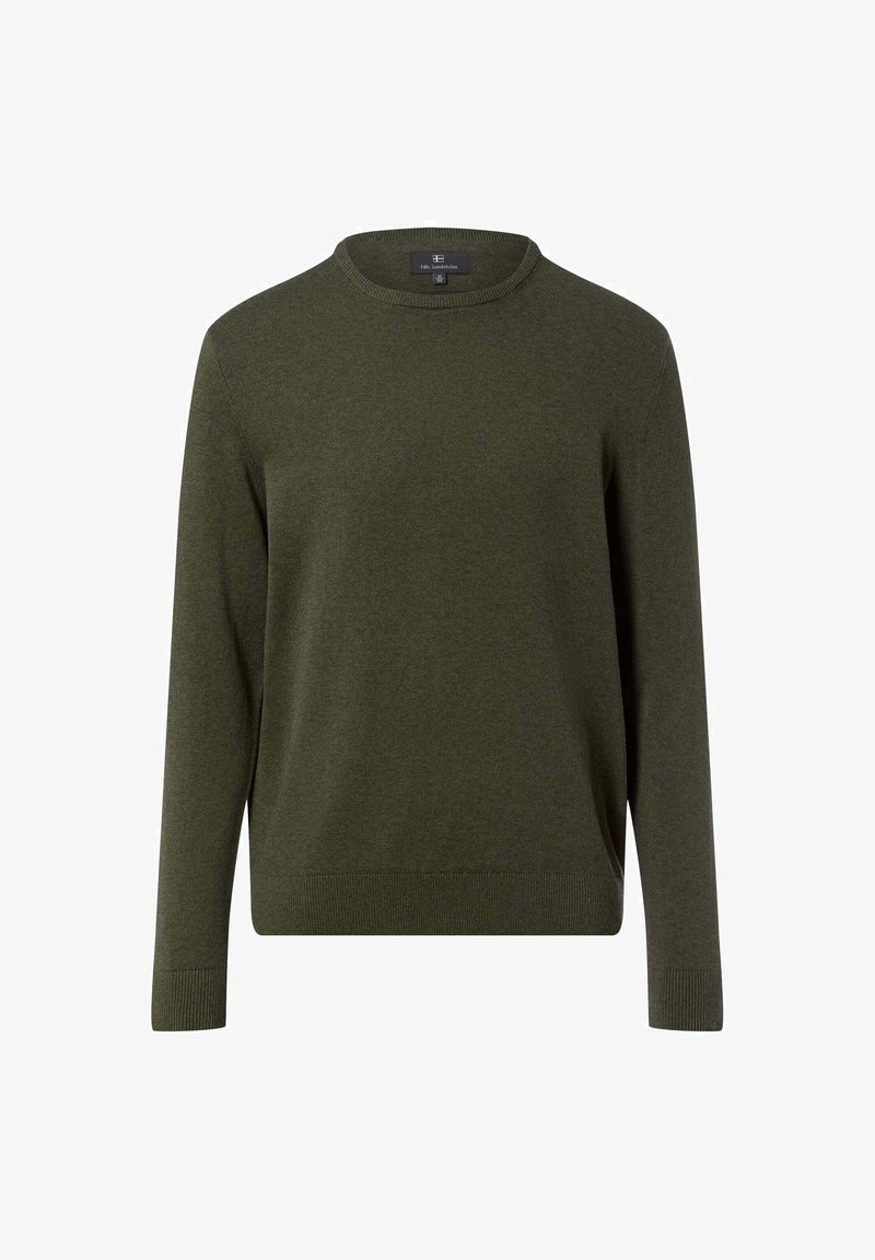 Oliwkowo zielony sweter typu pulower wykonany z miękkiego materiału dzianinowego. Posiada okrągły dekolt oraz długie rękawy z prążkowanymi mankietami i ściągaczem u dołu.