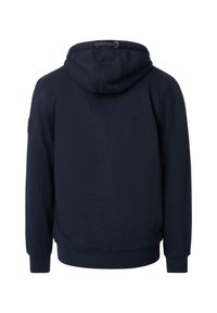 Navyblaue Kapuzen sweatshirt mit einer weichen Textur, ausgestattet mit einer Kordelzugkapuze, gerippten Bündchen und einem Aufnäher auf dem linken Ärmels.
