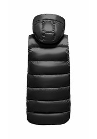 Gilet imbottito nero con cappuccio, caratterizzato da sezioni trapuntate, un'esterno liscio e una silhouette arrotondata. Senza maniche, design fino al ginocchio.