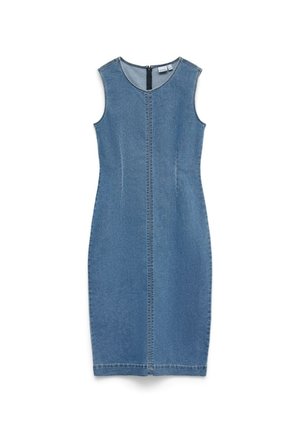 Rochie fitted albastru denim fără mâneci, până la genunchi, cu decolteu rotund și cusături vizibile centrale, prevăzută cu fermoar la spate.