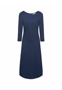 Granatowa sukienka z rękawami do trzech czwarci z okrągłym dekoltem, płynącą sylwetką A-liniową i zapięciem na zamek z tyłu. Gładka faktura materiału.