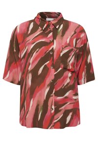 Camicia a maniche corte con colletto in un vivace motivo astratto rosa e marrone. Presenta bottoni sul davanti e una tasca sul petto.