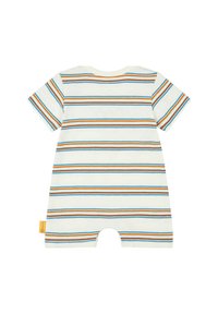 Combi-short à rayures à manches courtes en crème, présentant des rayures horizontales bleues, orange et brunes, fabriqué en coton doux avec un col rond et des ouvertures pour les jambes.