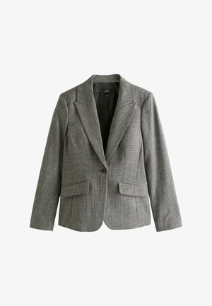 Hall triibuline bleiser kohandatud lõikega, notsitud kraega, ühe nupuga kinnitusega ja kahe eesmise taskuga. Tekstuurse kangaga pakub konstruktiivset välimust.