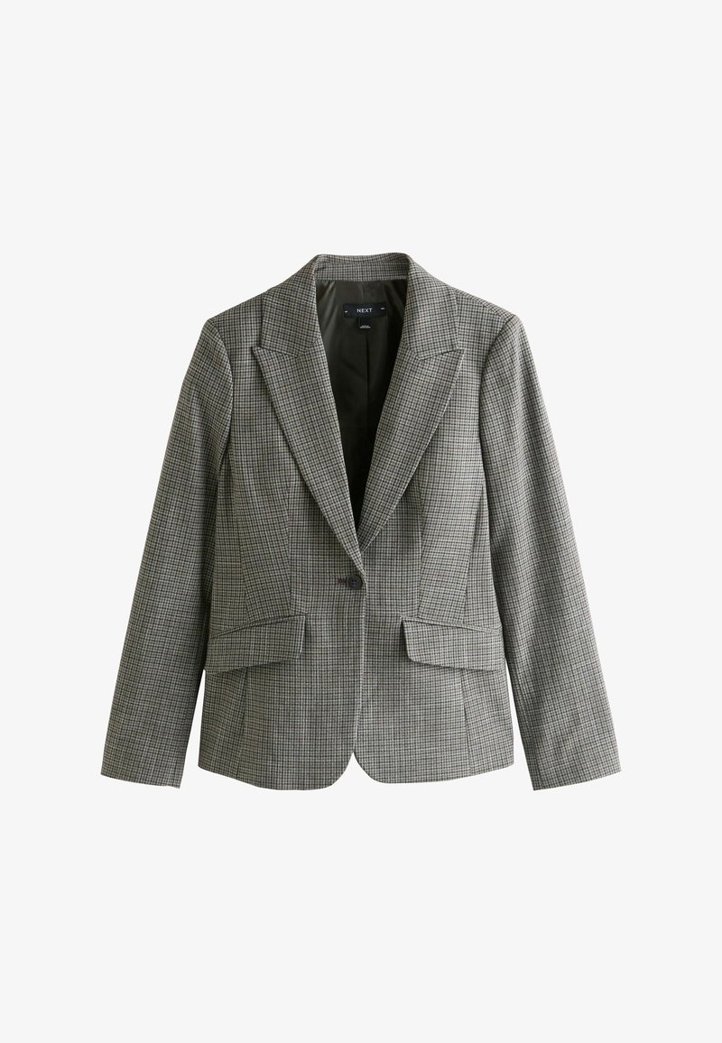 Blazer à carreaux gris à coupe ajustée, avec revers crantés, fermeture à un bouton, et deux poches avant. Le tissu texturé offre une apparence structurée.