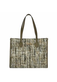 Bolsa tote hecha de tela tejida en tonos tierra marrón y crema, con asas de cuero verde oliva y detalle de logotipo metálico.