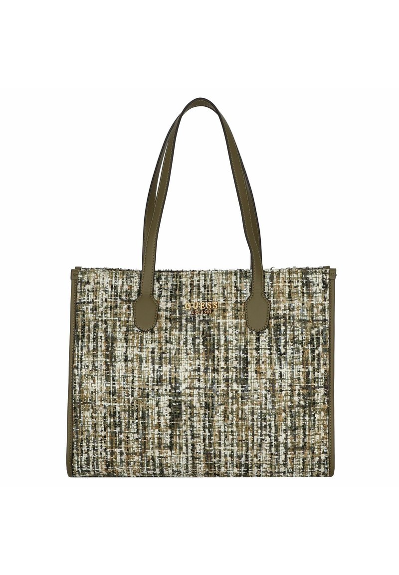 Bolsa tote hecha de tela tejida en tonos tierra marrón y crema, con asas de cuero verde oliva y detalle de logotipo metálico.