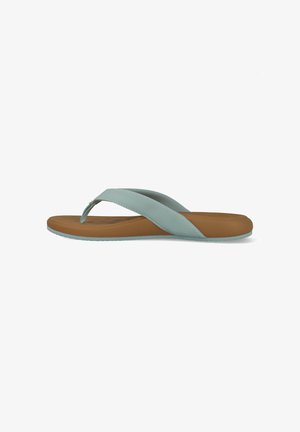 Brown sole flip-flop sandal with wide light blue textured fabric thong strap on white background.