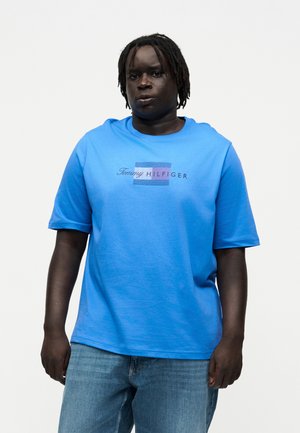 Person med mørk hud og dreadlocks iført en blå Tommy Hilfiger t-shirt og lyseblå jeans, stående mod en ensartet hvid baggrund.