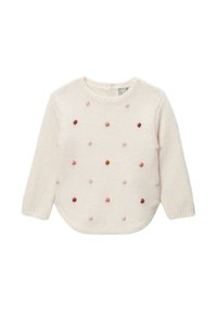 Pull en crème en fil doux, avec des points en feutre colorés dans des nuances variées de rose et de marron, ourlet arrondi et manches longues.