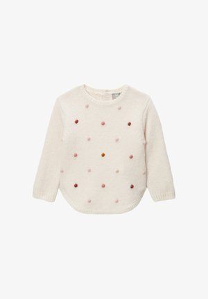 Pull en crème en fil doux, avec des points en feutre colorés dans des nuances variées de rose et de marron, ourlet arrondi et manches longues.
