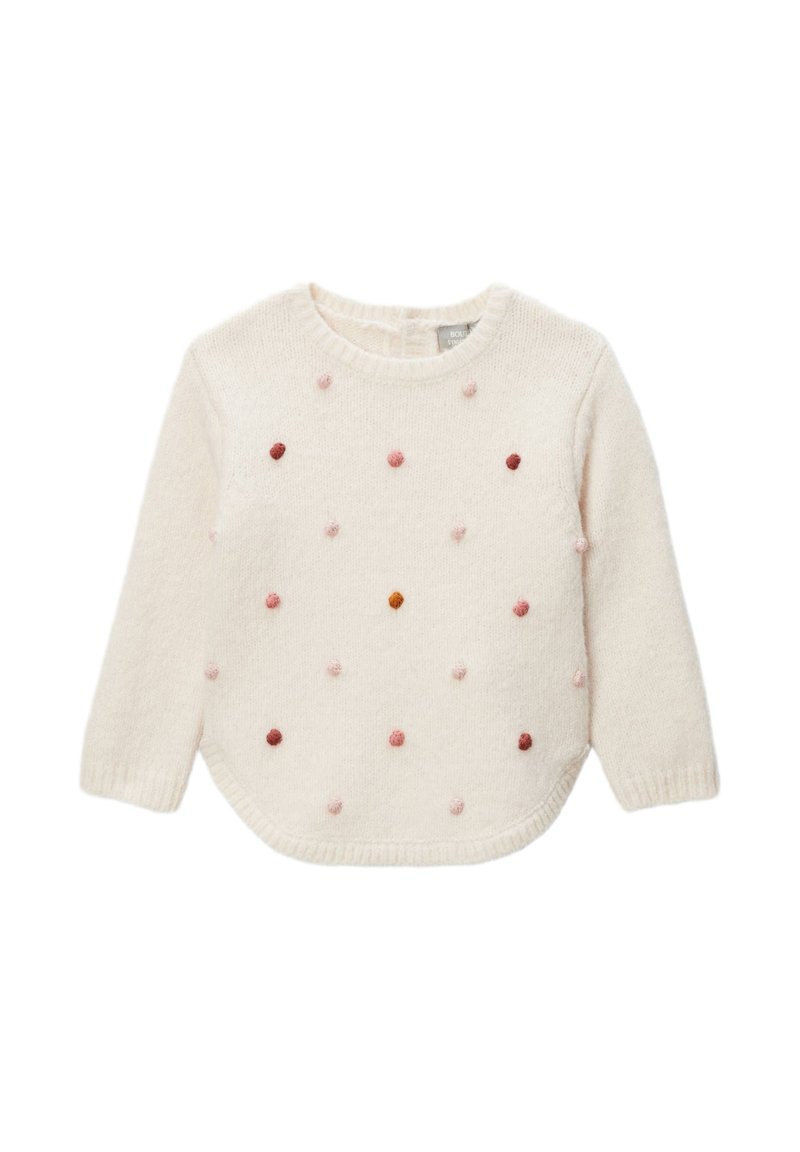 Pull en crème en fil doux, avec des points en feutre colorés dans des nuances variées de rose et de marron, ourlet arrondi et manches longues.