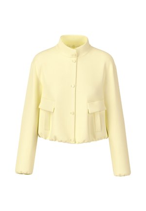 Light yellow cropped jacket with long sleeves, snap buttons down front, stand collar, and two flap pockets at waist.