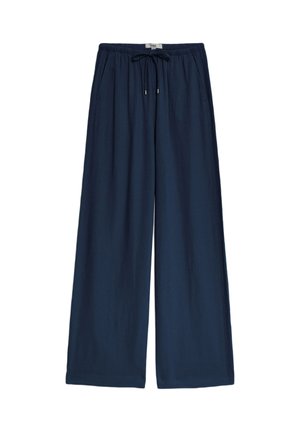 Pantalones de pierna ancha en azul marino hechos de tejido ligero, con cinturilla elástica con cordón y bolsillos laterales para mayor practicidad.