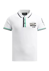 Weißes Poloshirt aus Baumwolle, ausgestattet mit einer dreiknöpfigen Knopfleiste, grünen und schwarzen Akzenten sowie bedruckten Logos auf der Brust und dem Ärmel.