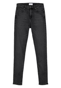 Jeans skinny negros hechos de denim, con una cintura de altura media, cinco bolsillos y una textura suave. Diseño simple sin adornos visibles.
