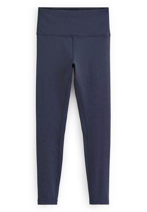 Leggings de culoare albastru închis, realizate dintr-un material elastic, având o talie înaltă și o textură netedă. Fără modele vizibile sau detalii din metal.