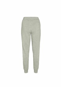 Ljust grå joggingsbyxor i mjukt tyg, med resårmidja, smalnande mudd och en slät yta. Inga synliga mönster eller detaljer.