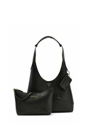 Ensemble de sacs en cuir noir de la marque Guess comprenant un grand sac à épaule, une petite pochette zippée et un porte-cartes amovible.