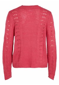 Maglione lavorato a maglia rosa con un motivo a punto testurizzato, caratterizzato da dettagli in pizzo lungo le maniche e sul retro, e un collo rotondo a giro.