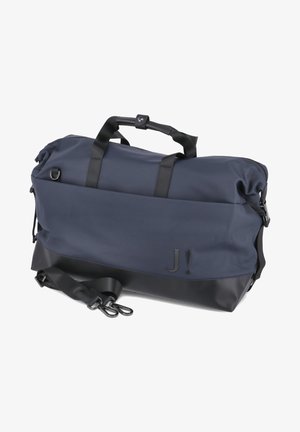 Marineblauwe sporttas van textielmateriaal met een zwarte leren basis. Beschikt over dubbele handvatten en een verstelbare schouderband.