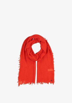 Sciarpa con frange rosse realizzata in tessuto leggero, caratterizzata da una consistenza morbida e un design ad anello per versatilità nello styling.