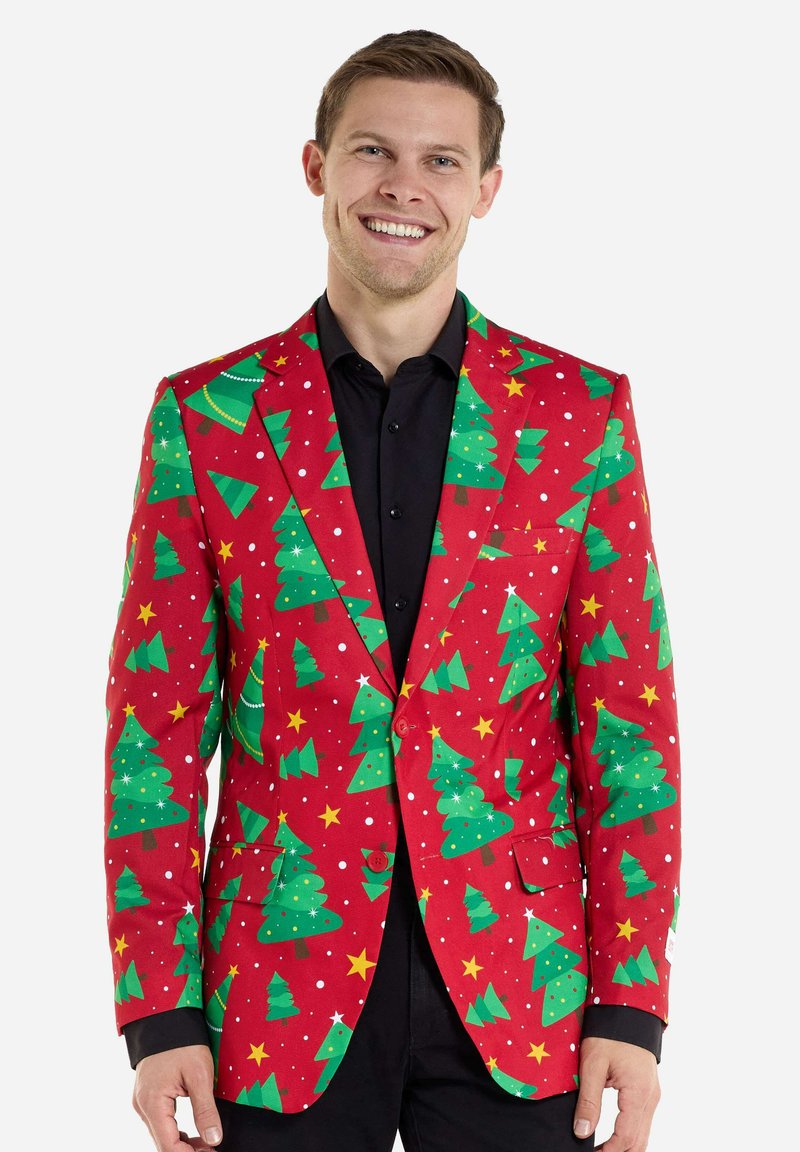 Rode blazer met een patroon van groene kerstbomen en gele sterren. Voorzien van notch revers, twee knopen en zijzakken. Soepele stoftextuur.