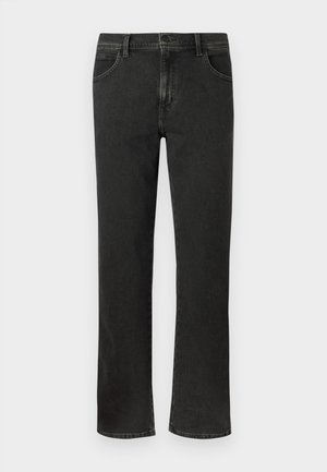 Jeans in denim nero con design a gamba dritta, cinque tasche e cuciture a contrasto. Presentano una chiusura tradizionale con bottone e zip.